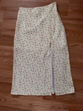 Princess Polly Yellow Maxi Skirt with Pink Floral Print and Front Slit